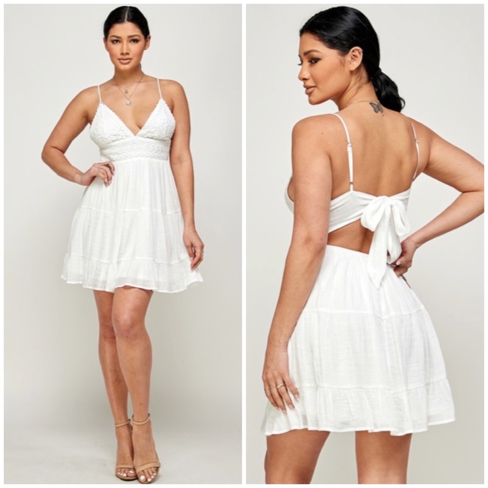 SOLD OUT White Eyelet Embroidered Back Knot Sleeveless V-Neck Mini Dress Summer - Picture 1 of 7
